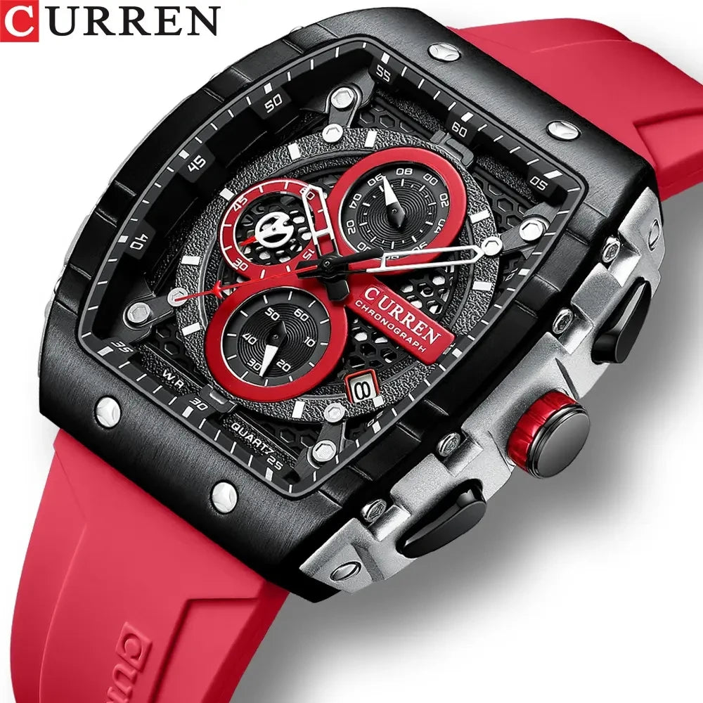 curren 8442 nouvelle montre (rouge - noir) bracelet a quartz tonneau de luxe pour homme