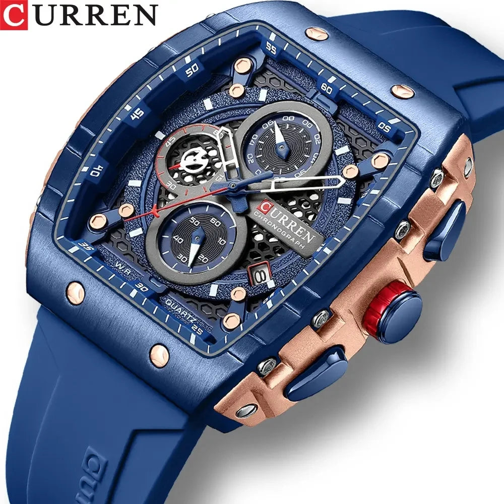 curren 8442 nouvelle montre (bleu) bracelet a quartz tonneau de luxe pour homme