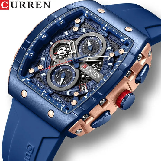 curren 8442 nouvelle montre (bleu) bracelet a quartz tonneau de luxe pour homme