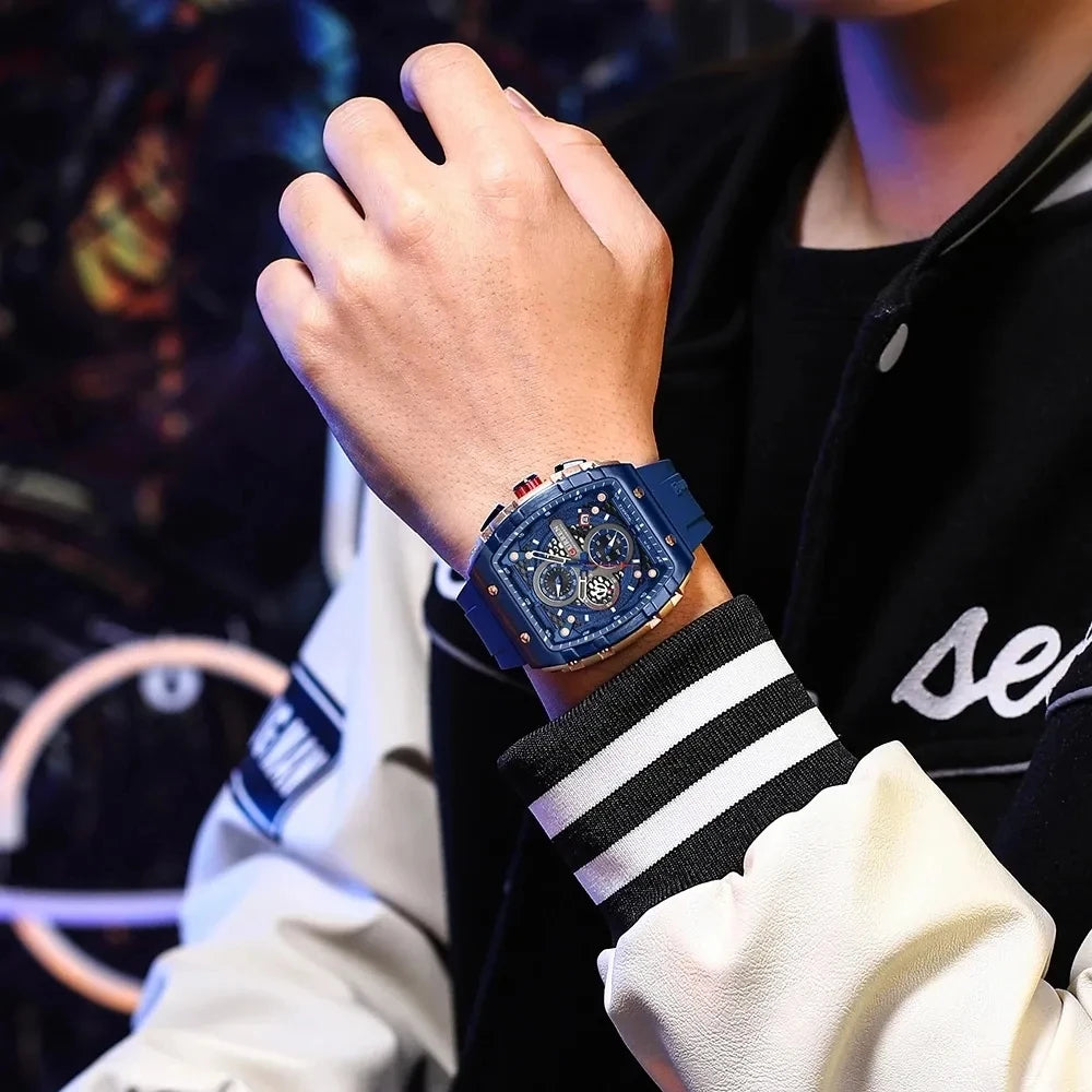 curren 8442 nouvelle montre (bleu) bracelet a quartz tonneau de luxe pour homme